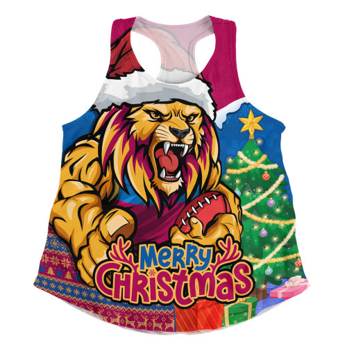 Brisbane Lions Women Racerback Singlet Santa Scoring Touchdown On Christmas Game Day