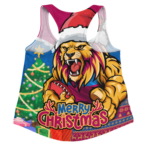 Brisbane Lions Women Racerback Singlet Santa Scoring Touchdown On Christmas Game Day