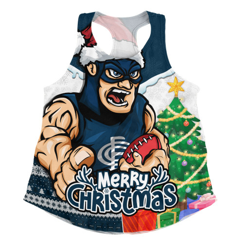 Carlton Women Racerback Singlet Santa Scoring Touchdown On Christmas Game Day