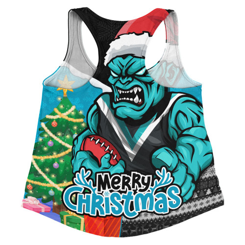 Port Adelaide Women Racerback Singlet Santa Scoring Touchdown On Christmas Game Day