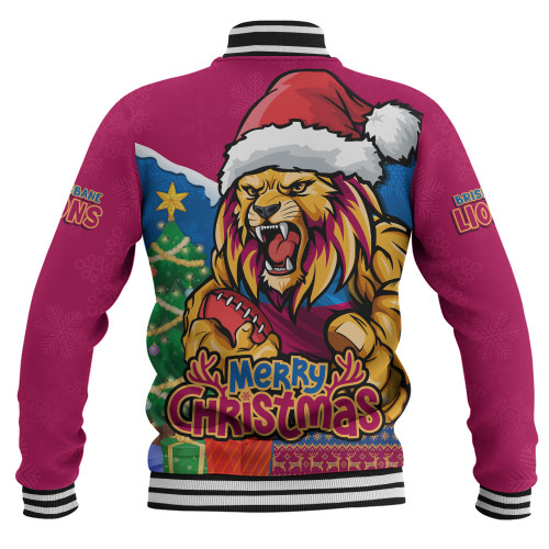 Brisbane Lions Baseball Jacket Santa Scoring Touchdown On Christmas Game Day