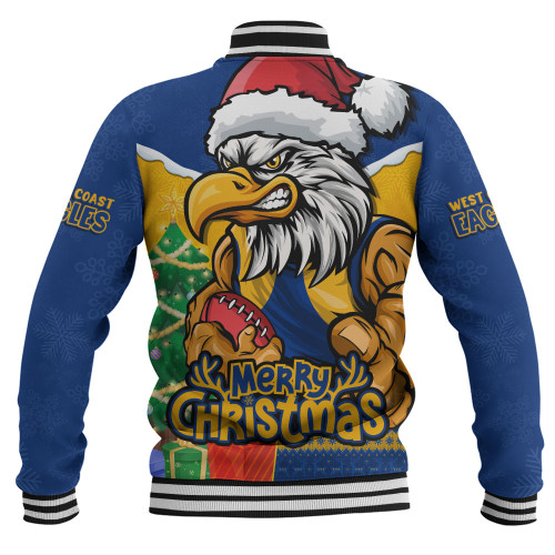 West Coast Eagles Baseball Jacket Santa Scoring Touchdown On Christmas Game Day
