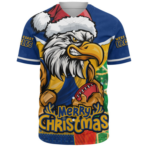 West Coast Eagles Baseball Shirt Santa Scoring Touchdown On Christmas Game Day