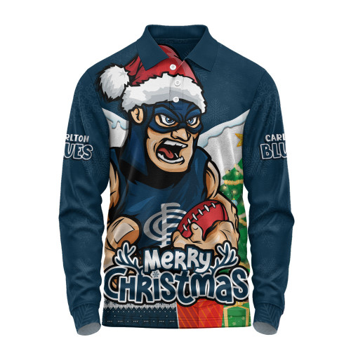 Carlton Long Sleeve Polo Shirt Santa Scoring Touchdown On Christmas Game Day