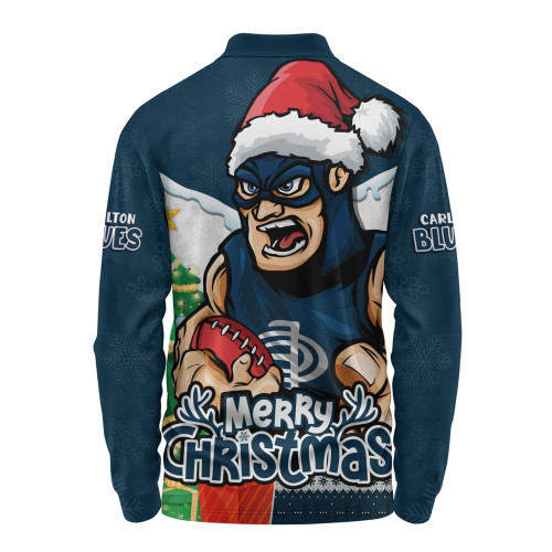 Carlton Long Sleeve Polo Shirt Santa Scoring Touchdown On Christmas Game Day