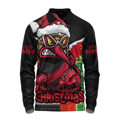 Essendon Long Sleeve Polo Shirt Santa Scoring Touchdown On Christmas Game Day