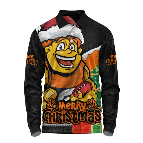 GWS GIANTS Long Sleeve Polo Shirt Santa Scoring Touchdown On Christmas Game Day