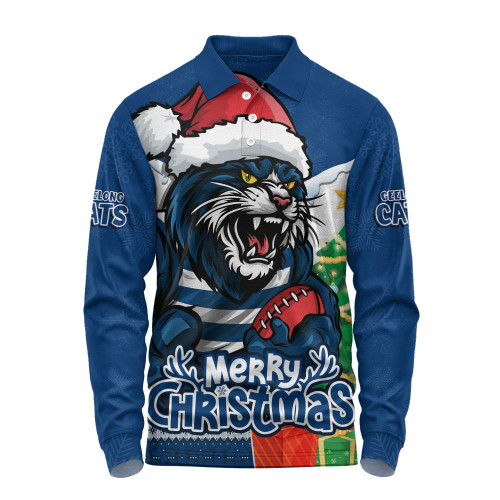 Geelong Cats Long Sleeve Polo Shirt Santa Scoring Touchdown On Christmas Game Day
