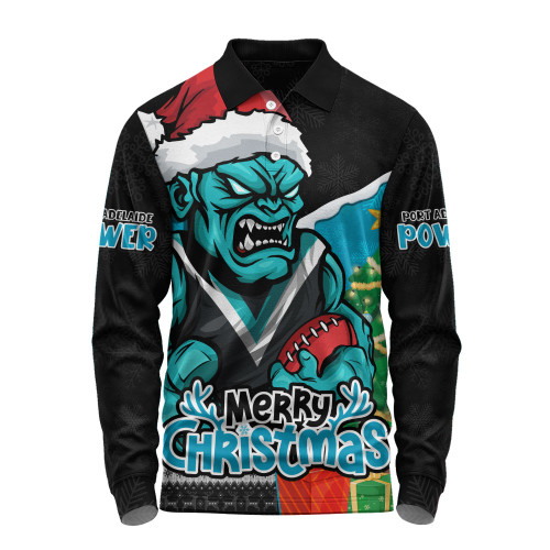 Port Adelaide Long Sleeve Polo Shirt Santa Scoring Touchdown On Christmas Game Day