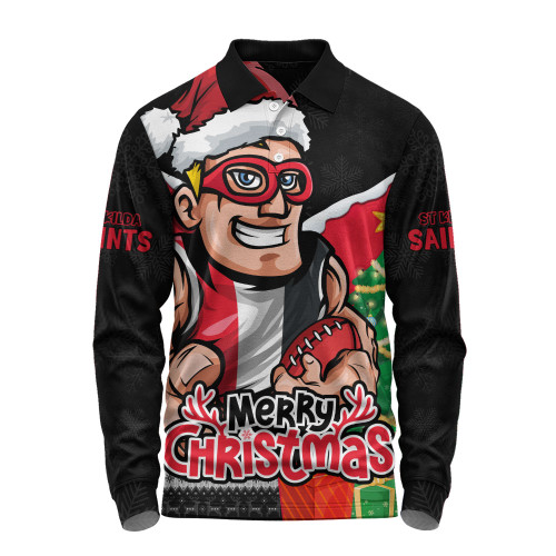 St Kilda Long Sleeve Polo Shirt Santa Scoring Touchdown On Christmas Game Day