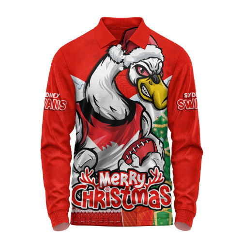 Sydney Swans Long Sleeve Polo Shirt Santa Scoring Touchdown On Christmas Game Day