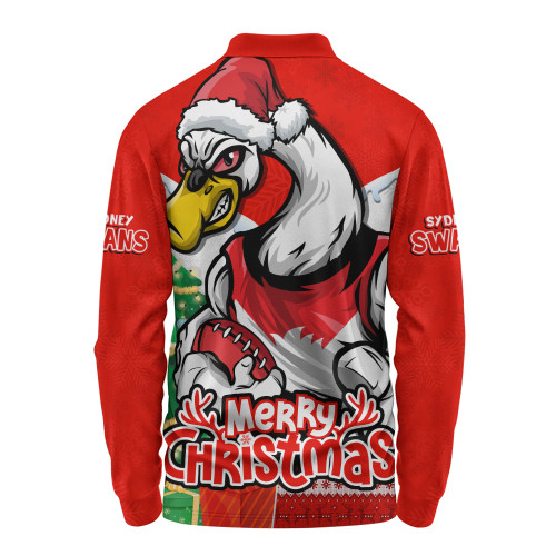 Sydney Swans Long Sleeve Polo Shirt Santa Scoring Touchdown On Christmas Game Day