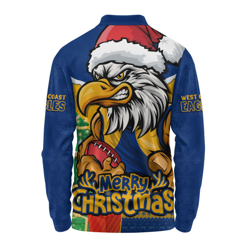West Coast Eagles Long Sleeve Polo Shirt Santa Scoring Touchdown On Christmas Game Day