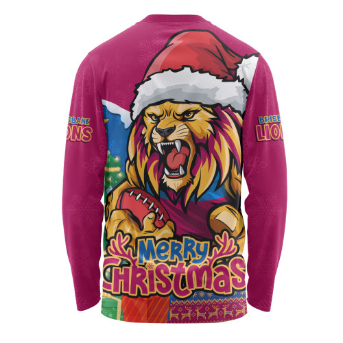 Brisbane Lions Long Sleeve T-shirt Santa Scoring Touchdown On Christmas Game Day Brisbane Lions Long Sleeve T-shirt Santa Scoring Touchdown On Christmas Game Day