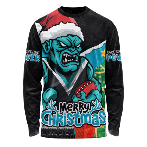 Port Adelaide Long Sleeve T-shirt Santa Scoring Touchdown On Christmas Game Day