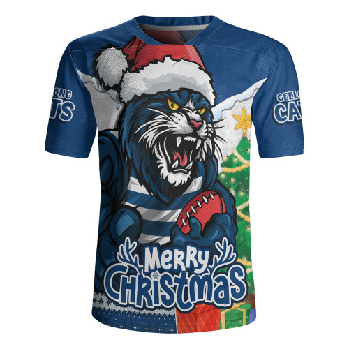 Geelong Cats Rugby Jersey Santa Scoring Touchdown On Christmas Game Day