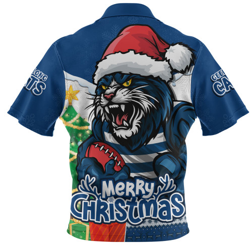 Geelong Cats Zip Polo Shirt Santa Scoring Touchdown On Christmas Game Day