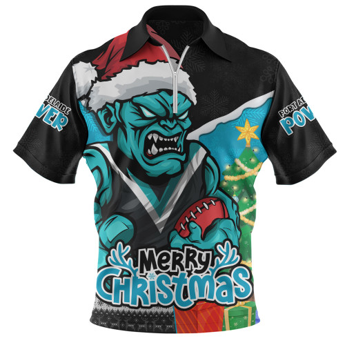 Port Adelaide Zip Polo Shirt Santa Scoring Touchdown On Christmas Game Day