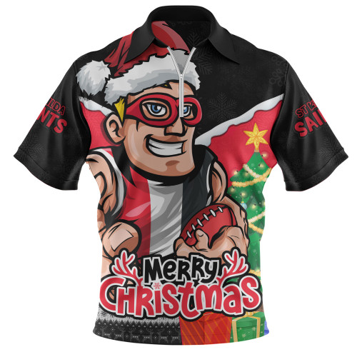 St Kilda Zip Polo Shirt Santa Scoring Touchdown On Christmas Game Day