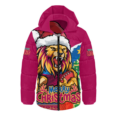 Brisbane Lions Hooded Padded Jacket Santa Scoring Touchdown On Christmas Game Day