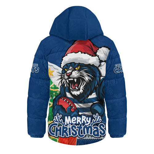 Geelong Cats Hooded Padded Jacket Santa Scoring Touchdown On Christmas Game Day Geelong Cats Hooded Padded Jacket Santa Scoring Touchdown On Christmas Game Day