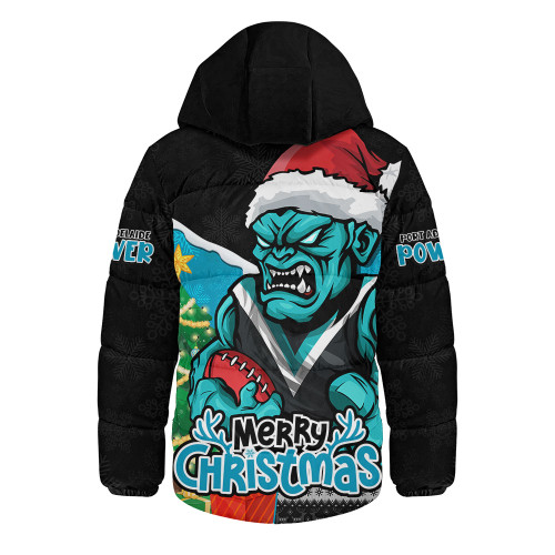 Port Adelaide Hooded Padded Jacket Santa Scoring Touchdown On Christmas Game Day