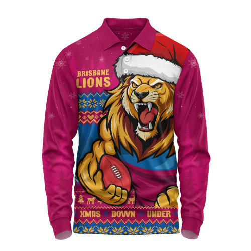 Brisbane Lions Long Sleeve Polo Shirt Merry Christmas Down Under Footy Power Style