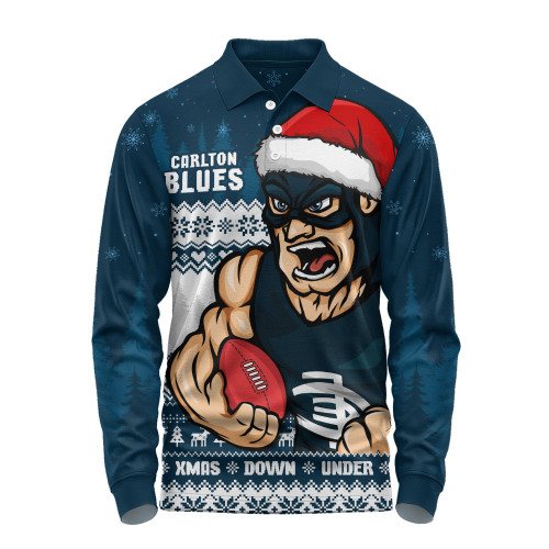 Carlton Long Sleeve Polo Shirt Merry Christmas Down Under Footy Power Style