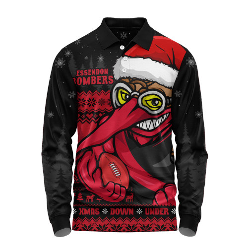 Essendon Long Sleeve Polo Shirt Merry Christmas Down Under Footy Power Style