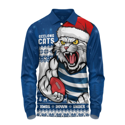 Geelong Cats Long Sleeve Polo Shirt Merry Christmas Down Under Footy Power Style