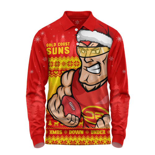 Gold Coast SUNS Long Sleeve Polo Shirt Merry Christmas Down Under Footy Power Style