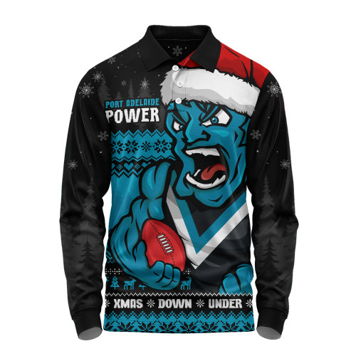Port Adelaide Long Sleeve Polo Shirt Merry Christmas Down Under Footy Power Style