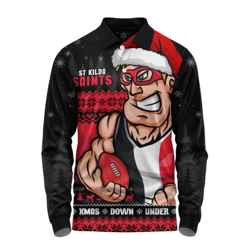 St Kilda Long Sleeve Polo Shirt Merry Christmas Down Under Footy Power Style