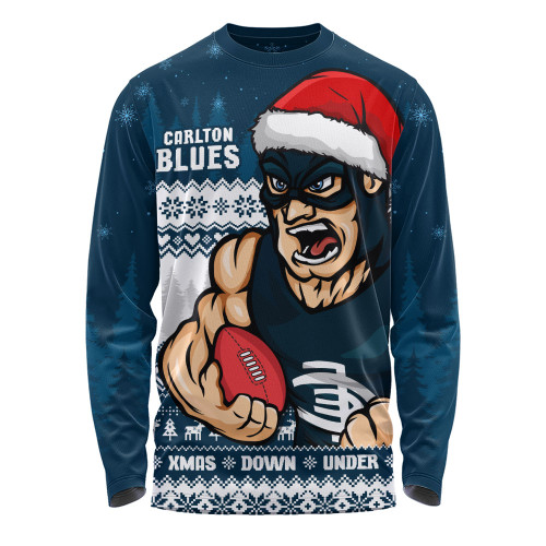 Carlton Long Sleeve T-shirt Merry Christmas Down Under Footy Power Style Carlton Long Sleeve T-shirt Merry Christmas Down Under Footy Power Style