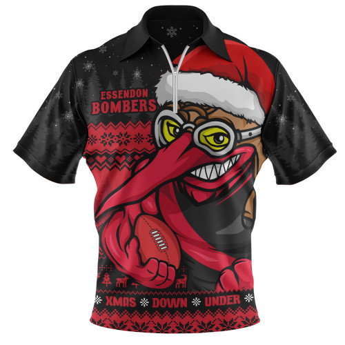 Essendon Zip Polo Shirt Merry Christmas Down Under Footy Power Style