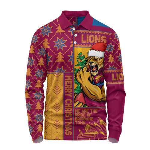 Brisbane Lions Long Sleeve Polo Shirt Merry Christmas Knit Style Festive Spirit