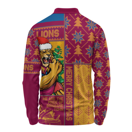 Brisbane Lions Long Sleeve Polo Shirt Merry Christmas Knit Style Festive Spirit