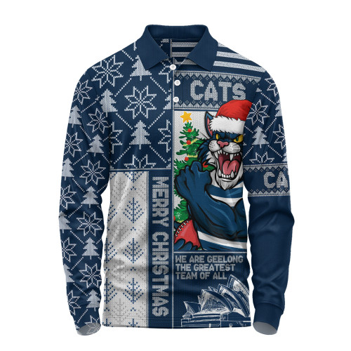 Geelong Cats Long Sleeve Polo Shirt Merry Christmas Knit Style Festive Spirit