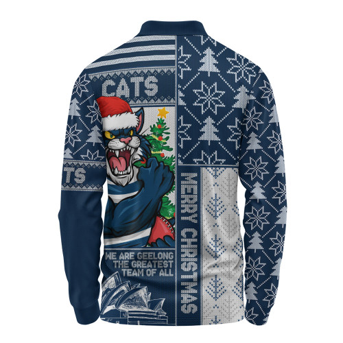 Geelong Cats Long Sleeve Polo Shirt Merry Christmas Knit Style Festive Spirit