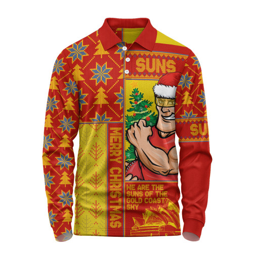 Gold Coast SUNS Long Sleeve Polo Shirt Merry Christmas Knit Style Festive Spirit