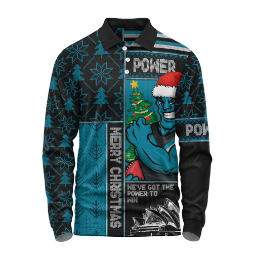 Port Adelaide Long Sleeve Polo Shirt Merry Christmas Knit Style Festive Spirit
