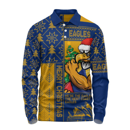 West Coast Eagles Long Sleeve Polo Shirt Merry Christmas Knit Style Festive Spirit