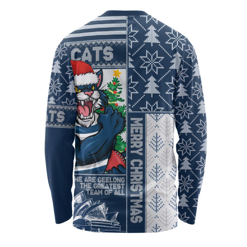 Geelong Cats Long Sleeve T-shirt Merry Christmas Knit Style Festive Spirit