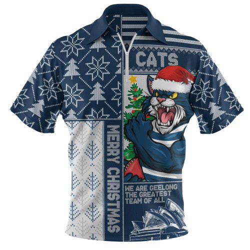 Geelong Cats Zip Polo Shirt Merry Christmas Knit Style Festive Spirit