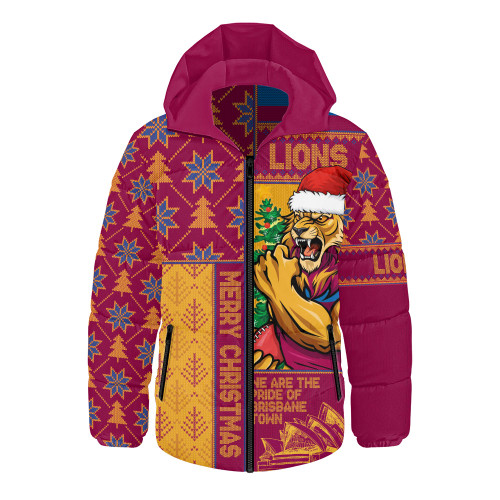 Brisbane Lions Hooded Padded Jacket Merry Christmas Knit Style Festive Spirit