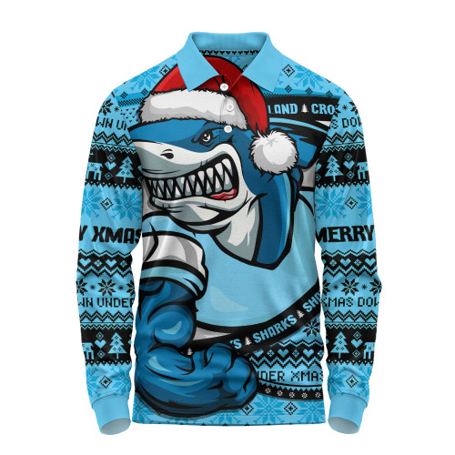 Cronulla-Sutherland Sharks Long Sleeve Polo Shirt Ugly Knit Style For Christmas Game Fans