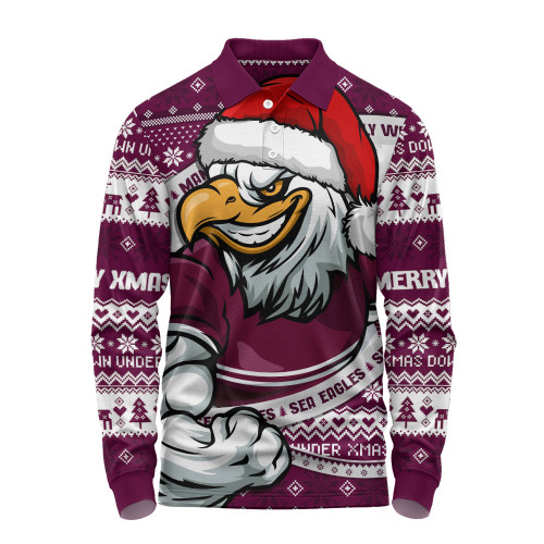 Manly Warringah Sea Eagles Long Sleeve Polo Shirt Ugly Knit Style For Christmas Game Fans