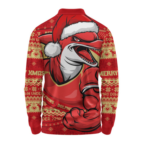 Redcliffe Dolphins Long Sleeve Polo Shirt Ugly Knit Style For Christmas Game Fans Redcliffe Dolphins Long Sleeve Polo Shirt Ugly Knit Style For Christmas Game Fans