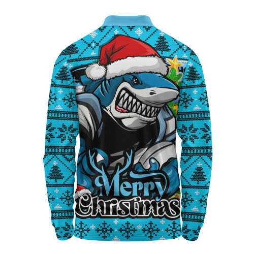 Cronulla-Sutherland Sharks Long Sleeve Polo Shirt Merry Christmas Game Day Knit Style Team Edition