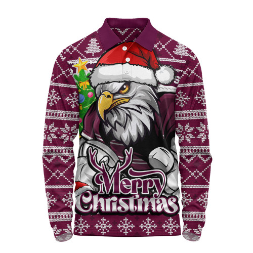 Manly Warringah Sea Eagles Long Sleeve Polo Shirt Merry Christmas Game Day Knit Style Team Edition